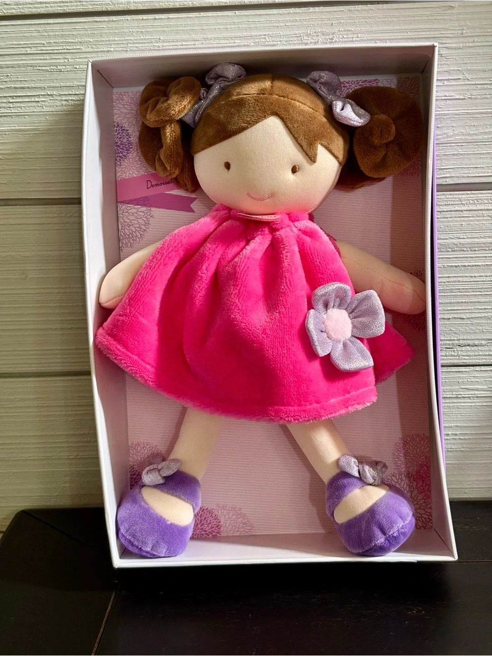 Jolijou Paris Demoiselle Pretty Brown Hair Plush Doll Toy Lovey Pink‎ Dress NEW